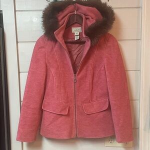 L.L. Bean Wool Blend Faux Fur Trim Jacket Salmon Women’s Size XS Petite